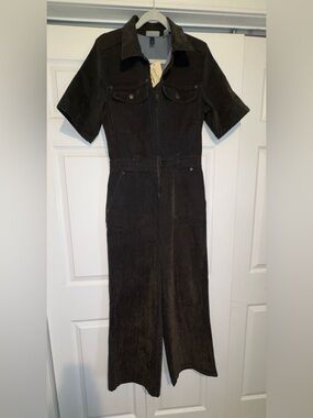 Universal Thread Green/Black Short-Sleeve Button Front Denim Jumpsuit
